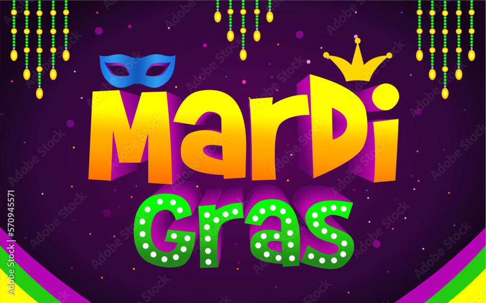 Mardi Gras colorful lettering. Fat or Shrove Tuesday celebration poster. Traditional carnival in New Orleans. Vector element of design for banner, flyer, party invitation.