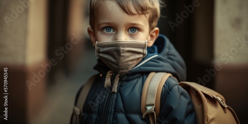 Schulkind mit medizinische Maske zum Schutz gegen Corona 2021, ai generativ