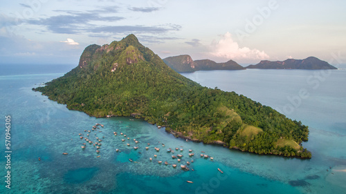 Beautiful aerial view borneo sea gypsy water village in Mabul Bodgaya Island, Malaysia.