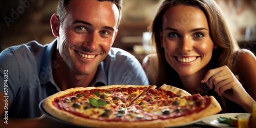 Junges sympathisches Paar beim Italiener mit Pizza, ai generativ