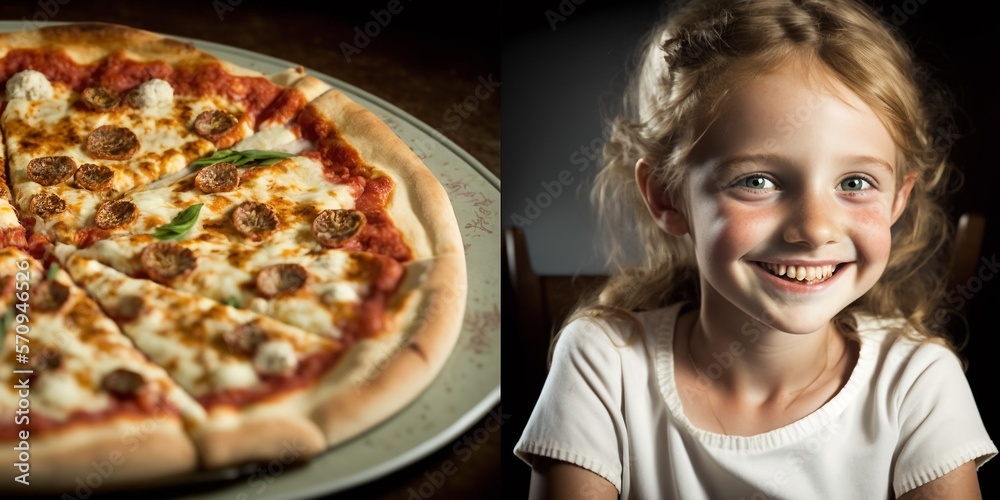Junges Mädchen im Pizza Restaurant lächelt beim Pizza essen, ai generativ Junges Mädchen im Pizza Restaurant lächelt beim Pizza essen, ai generativ