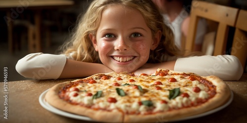 Junges Mädchen im Pizza Restaurant lächelt beim Pizza essen, ai generativ