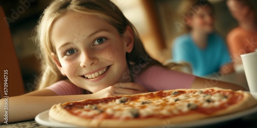 Junges M  dchen im Pizza Restaurant l  chelt beim Pizza essen  ai generativ