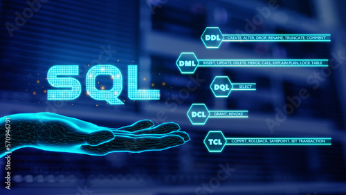 Hand showing SQL word with Database server background. SQL commands are mainly categorized into five categories as DDL, DQL, DML, DCL, TCL. Concept of Structured Query Language code. 3D render. photo