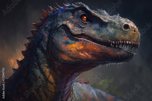 illustration painting of T rex close up roar in the studio. This is a 3d render illustration. (ai generated) photo