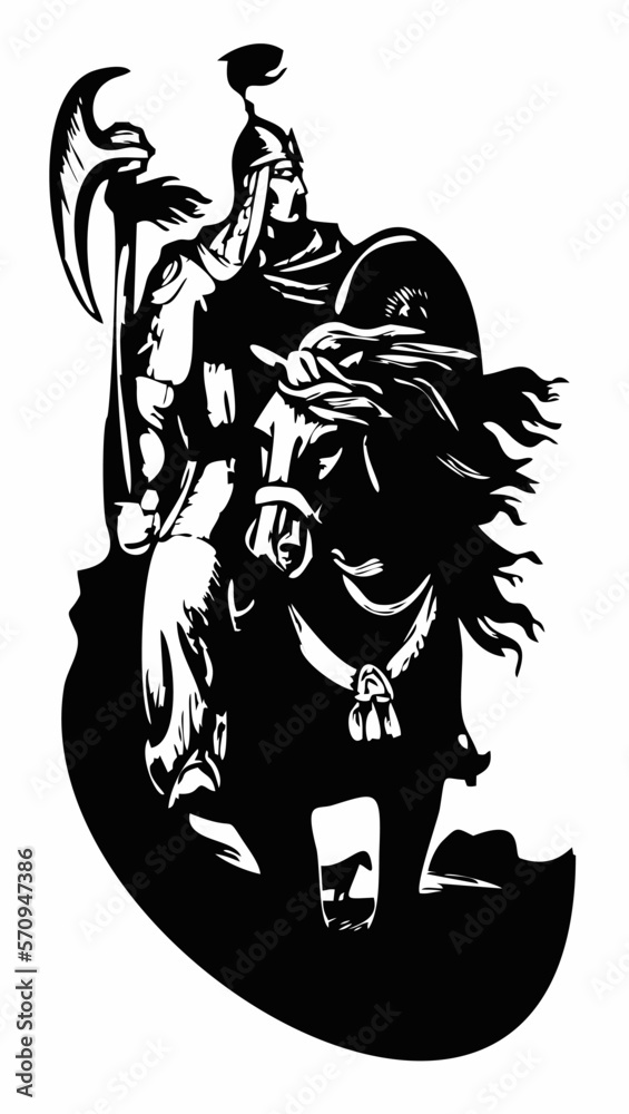 Fototapeta premium Warrior Manas on a horse looks into the distance, a flat vector on a white background