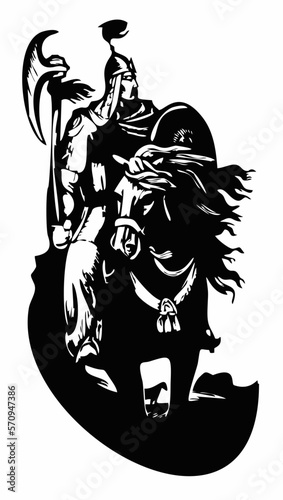 Warrior Manas on a horse looks into the distance, a flat vector on a white background