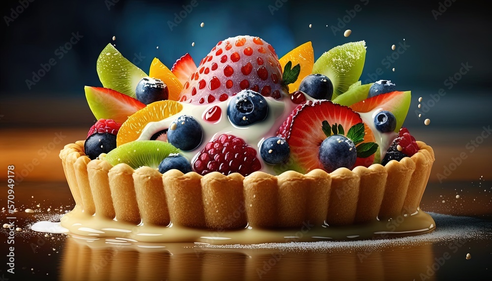  a fruit tart with a lot of fresh fruit on top of it and a drizzle of milk on the side of the tart.  generative ai - obrazy, fototapety, plakaty 