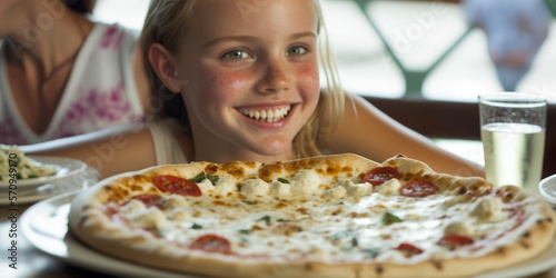 Glücklich lächelndes Kind im italienischem Restaurant beim Pizza essen, ai generativ