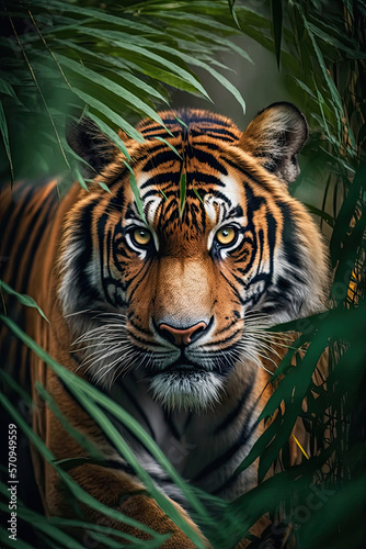 a tiger peering through the jungle leaves at its prey - generative ai