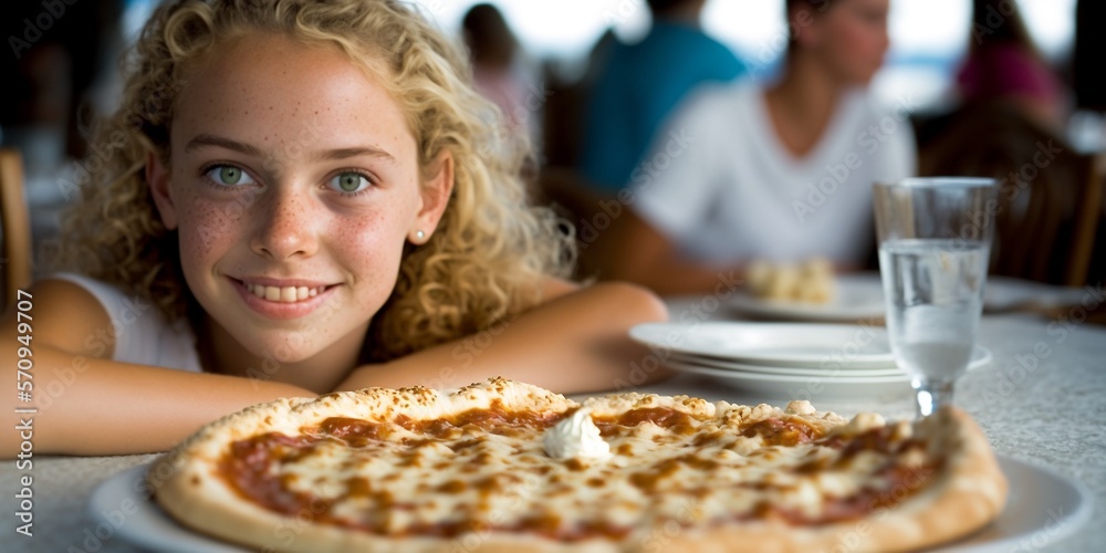 Glücklich lächelndes Kind im italienischem Restaurant beim Pizza essen, ai generativ Glücklich lächelndes Kind im italienischem Restaurant beim Pizza essen, ai generativ