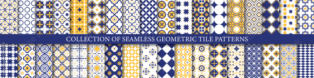 Collection of bright colorful seamless geometric mosaic patterns - endless tile textures. Decorative tileable ornamental backgrounds. Vector repeatable symmetric prints.