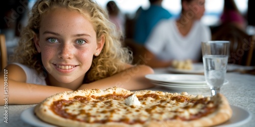 Gl  cklich l  chelndes Kind im italienischem Restaurant beim  Pizza essen  ai generativ