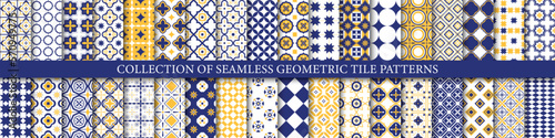 Collection of bright colorful seamless geometric mosaic patterns - endless tile textures. Decorative tileable ornamental backgrounds. Vector repeatable symmetric prints.