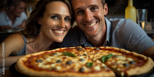 Gl  cklich l  chelndes Paar im italienischem Restaurant beim  Pizza essen  ai generativ
