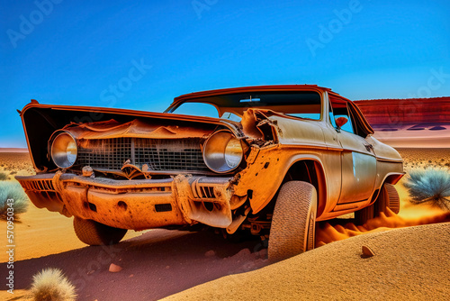 Rusty dented broken car rots in the sand under the relentless desert sun, made with generative AI