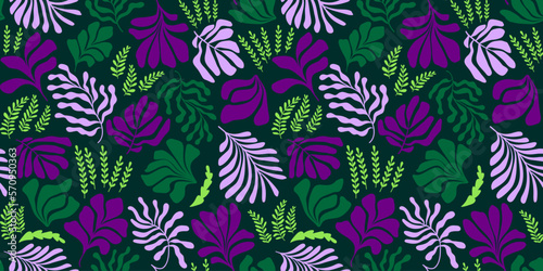 Abstract background with leaves and flowers  Matisse style. Vector seamless pattern with Scandinavian cut out elements.