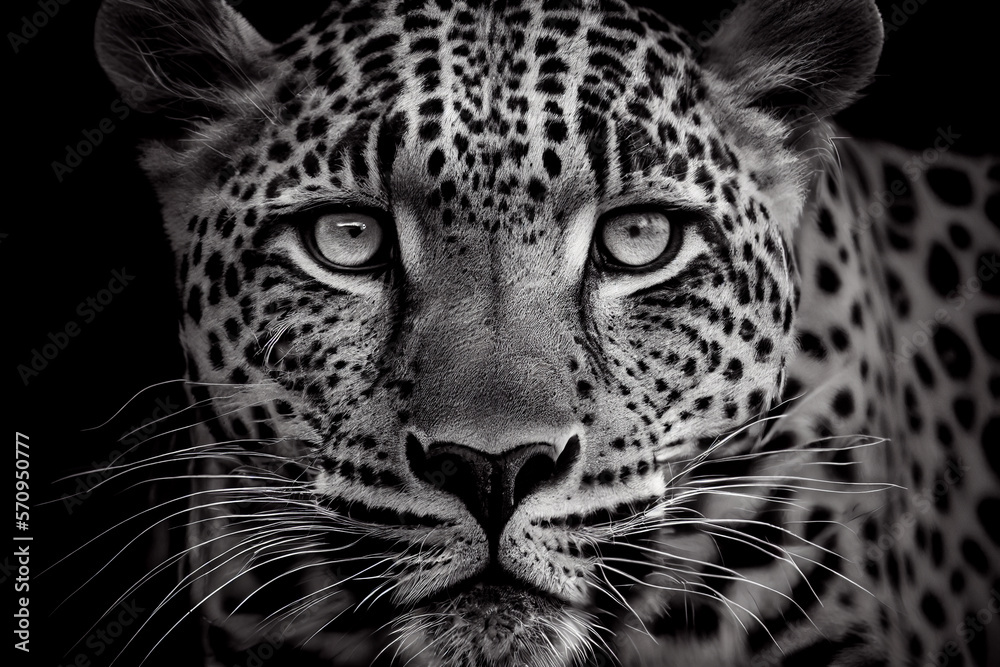 Fototapeta Schwarz weiß Portrait von einem Leopard. Perfektes Wandbild - Generative Ai