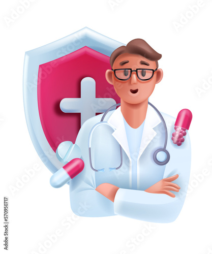 3D doctor medical consultation avatar, online healthcare pharmacist expert icon, smiling therapist. Cartoon male cardiologist vector character, stethoscope, shield. Young man 3D doctor portrait