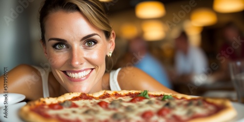 Leckere frische Pizza im Restaurant  l  chelnde Frau im Hintergrund  ai generativ