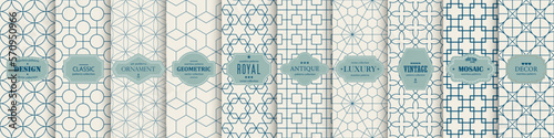 Collection of seamless ornamental elegant geometric patterns. Vector repeatable oriental luxury backgrounds. Beige vintage design. Endless grid symmetric textures.