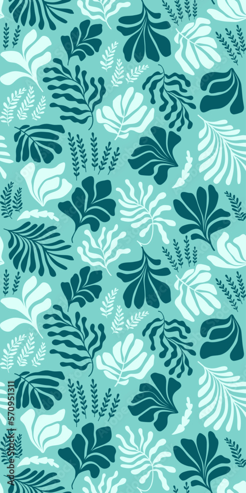 Abstract background with leaves and flowers, Matisse style. Vector seamless pattern with Scandinavian cut out elements.