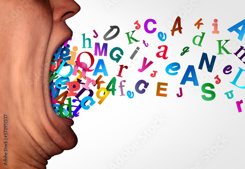 Grammer And Phonics or Learning language and spoken word and Autistic spectrum or Dyslexia disorder concept as an open human mouth made of Alphabet letters as a symbol for education and mental health  photo