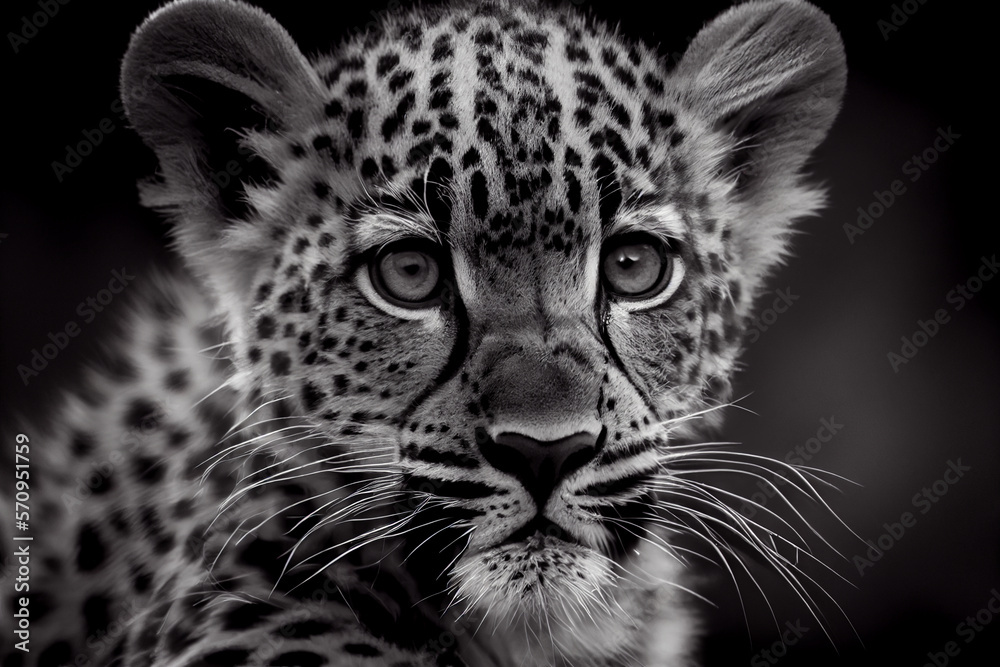 Obraz premium Schwarz weiß Portrait von einem Baby Leopard. Perfektes Wandbild - Generative Ai