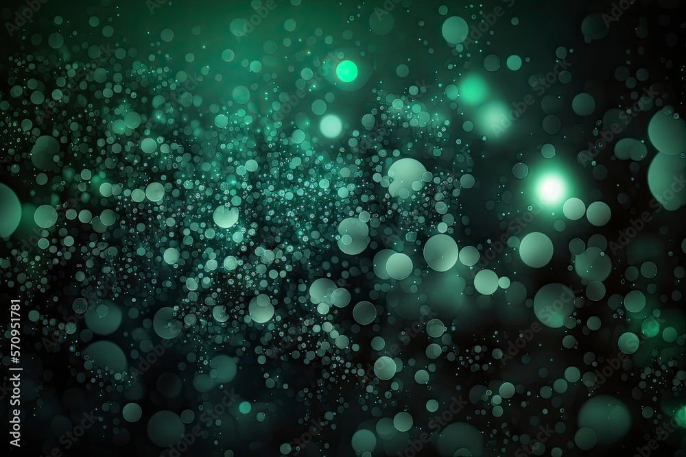 Bokeh green. Defocused abstract green lights background, bokeh lights, concept. Dark green texture. Green and silver glow particle abstract background. Generative AI.