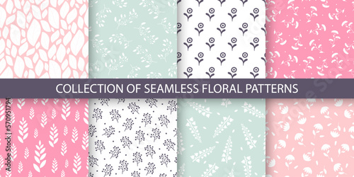 Collection of seamless colorful delicate floral patterns - hand drawn design. Repeatable spring nature cute backgrounds with branches and flowers. Textile endless prints. Vector illustration