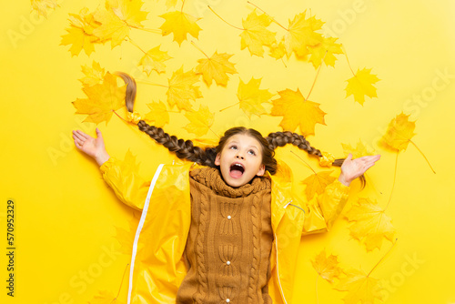 A child in a yellow raincoat is very happy about the onset of autumn  a beautiful little girl with maple leaves is very happy.
