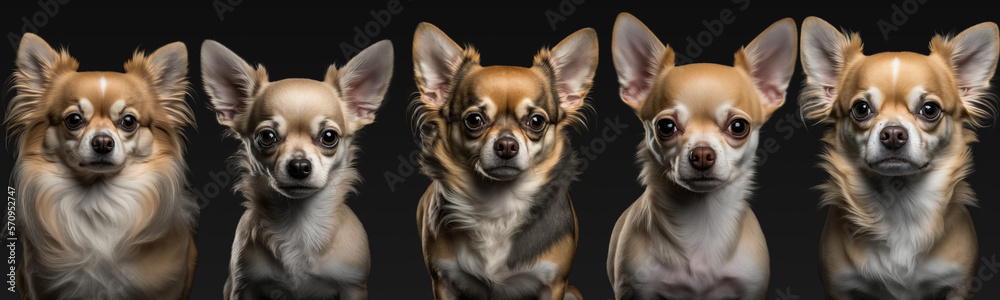 Portrait of five Chihuahua dogs over black background made with Generative AI.