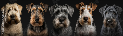 Portrait of five Terrier dogs on black background made with Generative AI. photo