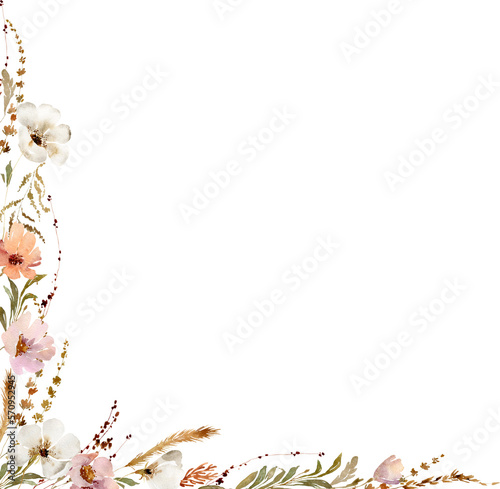 Watercolor beige wildflowers boho corner border. Dried herbs, grass floral bouquet, elegant arrangement. Botanical boho elements isolated on white. Wedding invitation, greeting, card, printing, design