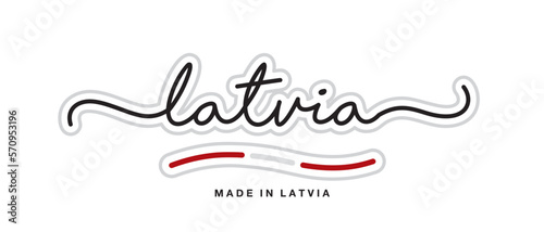 Made in Latvia, new modern handwritten typography calligraphic logo sticker, abstract Latvia flag ribbon banner