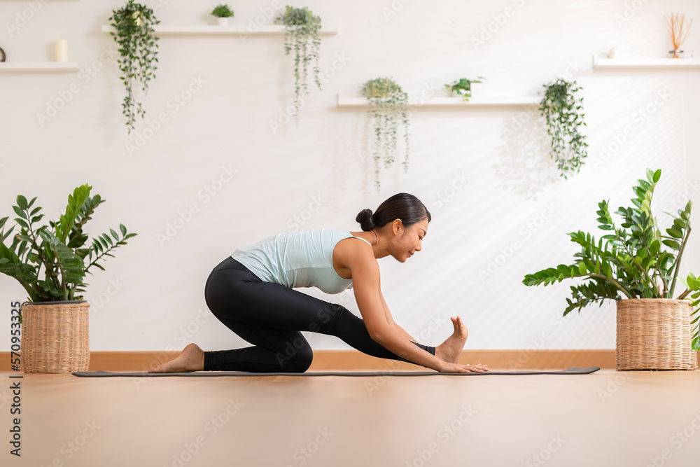 Fit and focused Asian woman practicing yoga in the comfort of her own home. Wearing comfortable clothing, she is performing various yoga poses in living room. Surrounded by natural light and peaceful