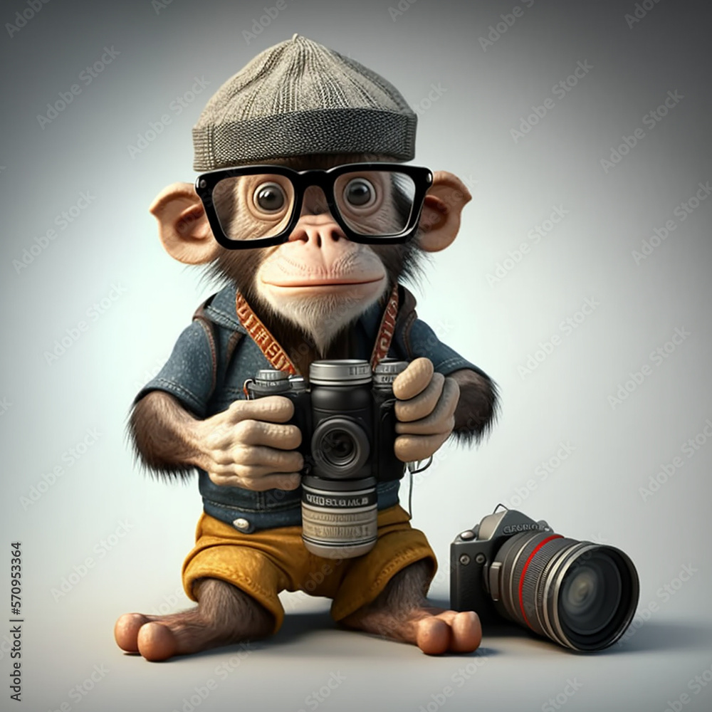 funny monkey photographer - obrazy, fototapety, plakaty 