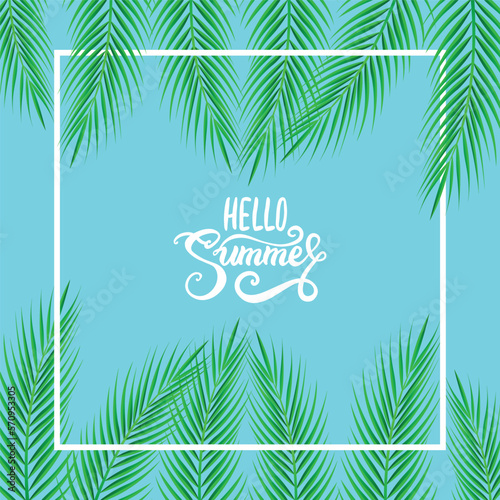Palm Sunday holiday card, Summer sale, hello summer poster with realistick palm leaves border, frame. Vector background.
