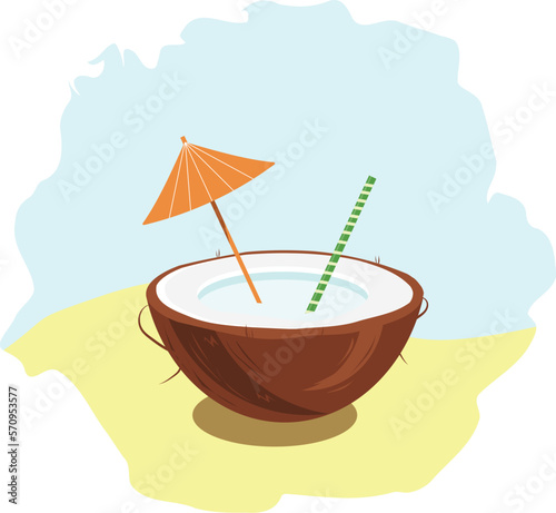 coconut drink heat relaxation beach fun travel vector art style tube umbrella cocktail