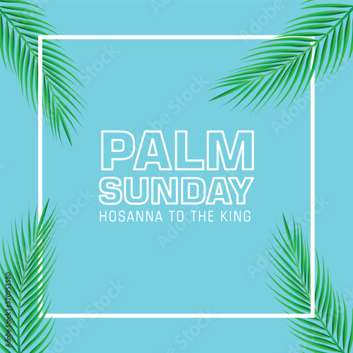 Palm Sunday holiday card, Summer sale, hello summer poster with realistick palm leaves border, frame. Vector background.
