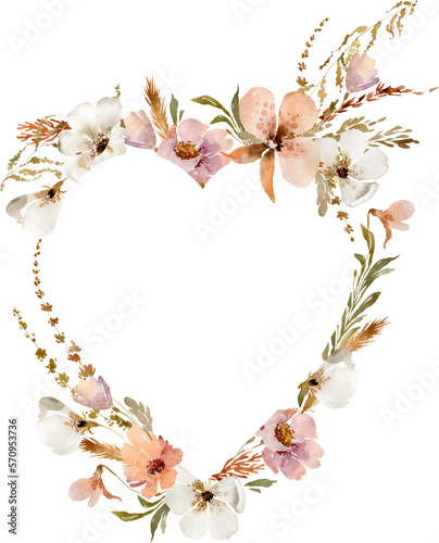 Watercolor beige wildflowers boho frame. Dried herbs, grass floral border, elegant arrangement. Botanical boho elements isolated on white. Wedding invitation, greeting, card, printing, design