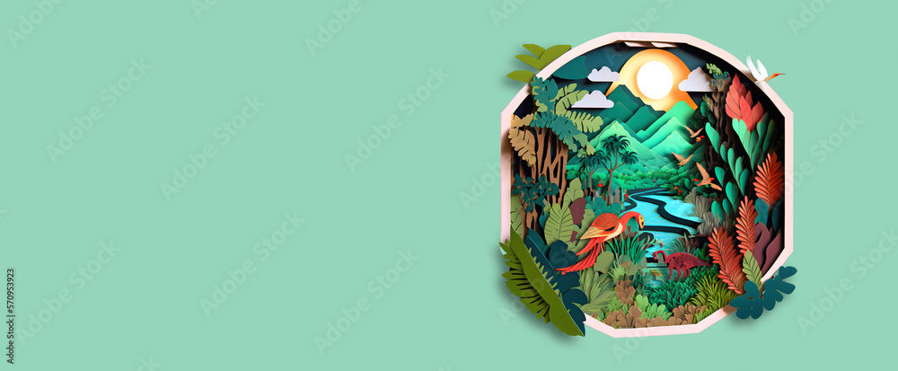 Summer Tropical Jungle Dinosaurs Papercut Diorama Banner. Origami Tree. Generative AI.