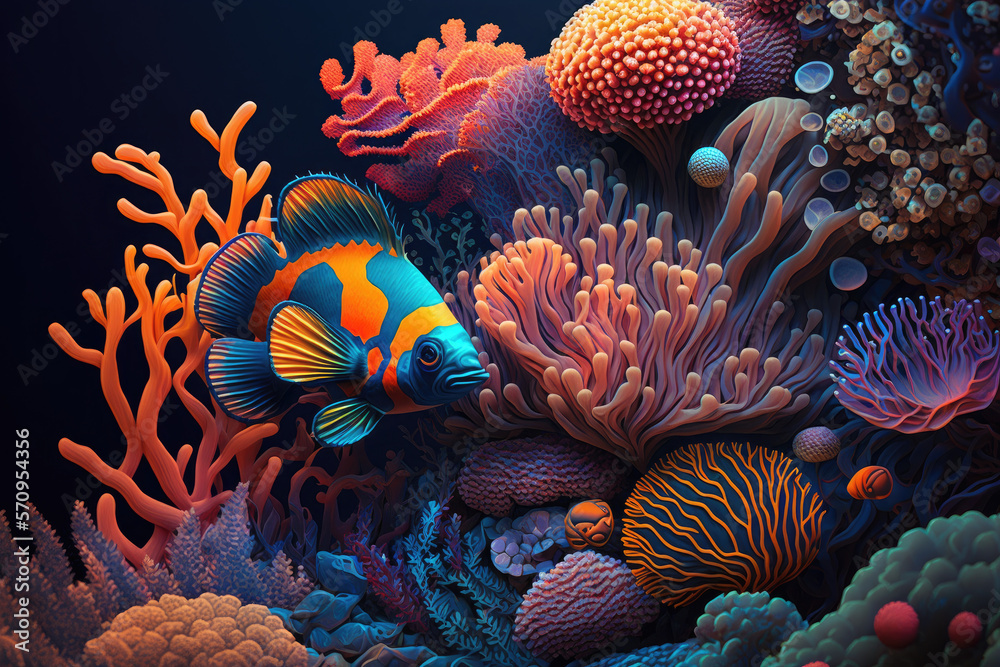 Wallpaper, background, theme, desktop, desktop, wall ornament, painting, biome of fish around coral and anemons Wallpaper, background, theme, desktop, desktop, wall ornament, painting, biome of fish around coral and anemons