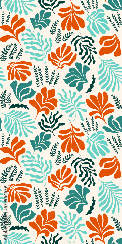 Abstract background with leaves and flowers, Matisse style. Vector seamless pattern with Scandinavian cut out elements. Abstract background with leaves and flowers, Matisse style. Vector seamless pattern with Scandinavian cut out elements.