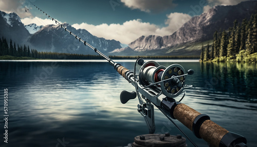 fishing rod on the background of the lake, fishing tackle. Generative AI photo