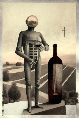 Collage art with a sculpture drinkin wine.. Wine is an artwork. Muped color. photo