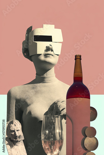 Collage art with a sculpture drinkin wine.. Wine is an artwork. Muped color. photo