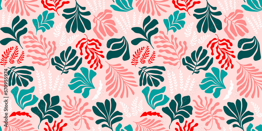 Abstract background with leaves and flowers, Matisse style. Vector seamless pattern with Scandinavian cut out elements.