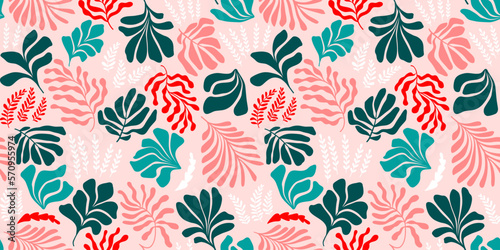 Abstract background with leaves and flowers  Matisse style. Vector seamless pattern with Scandinavian cut out elements.