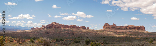 red rock formations at arches national park panorama utah